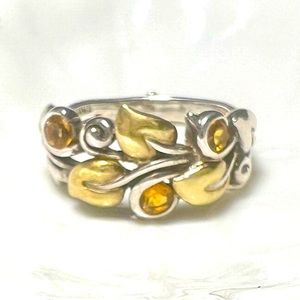 Sterling Silver Two-Tone Leaf Ring with Amber Stones - Yellow